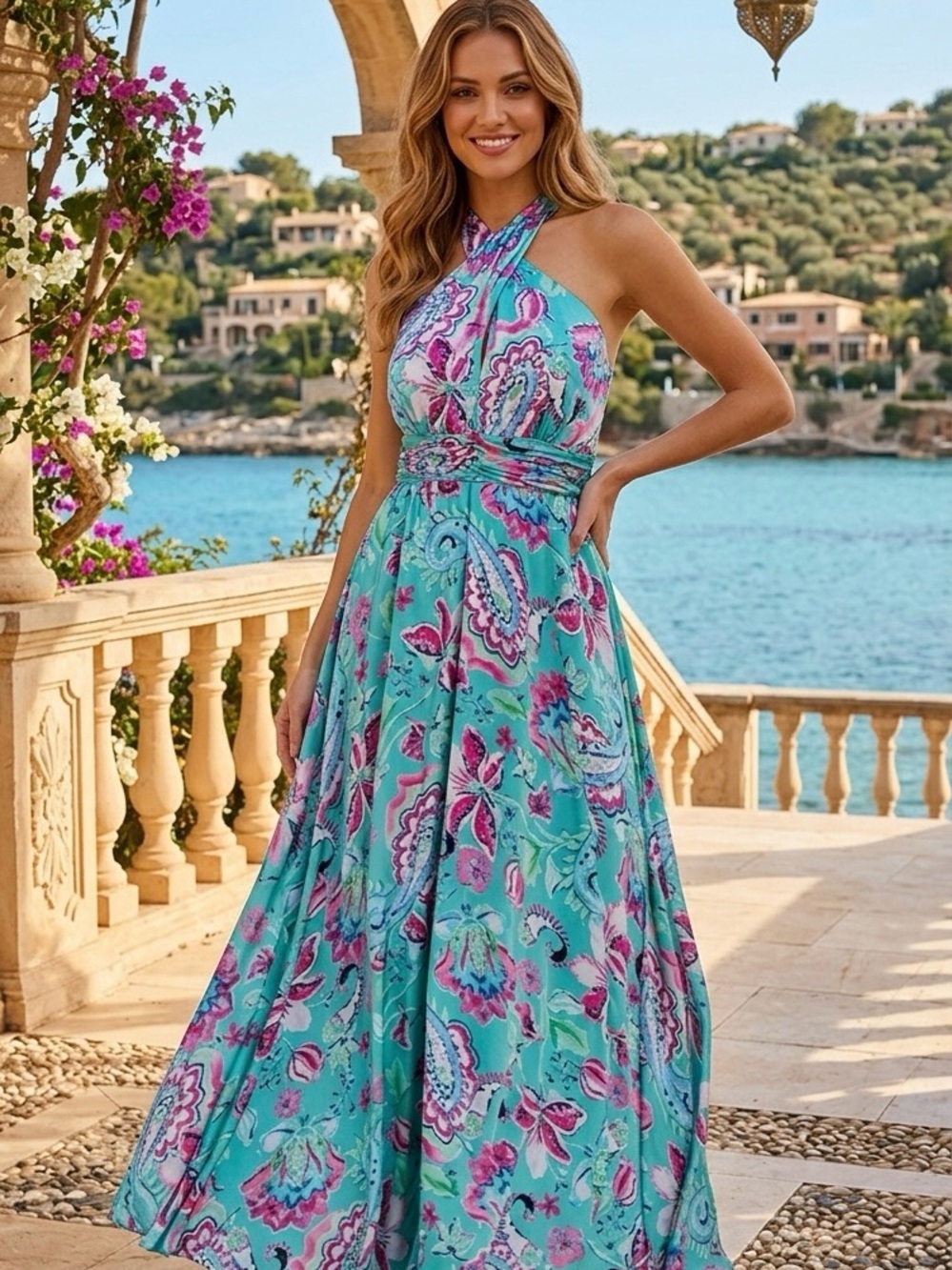 NWT R&M Richards Womens Chiffon Floral Print Halter Dress 16